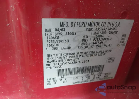 2003 Ford F-150 Lariat/Xlt from USA, damaged, VIN 1FTRW076X3KD13503